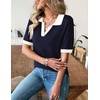 Zeagoo Womens Polo Sweater Short Sleeve V Neck Knitted Business Casual Office Tops Spring Pullover(Navy White)