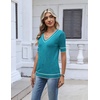 Zeagoo Womens Short Sleeve Sweater V Neck Lightweight Dressy Casual Outfits(Blue Green-white)