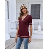 Zeagoo Womens Short Sleeve Sweater V Neck Lightweight Dressy Casual Outfits(Wine Red-white)