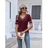 Zeagoo Womens Short Sleeve Sweater V Neck Lightweight Dressy Casual Outfits(Wine Red-white)