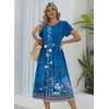 Zeagoo Womens Summer Dresses Casual Aline Midi Dress Short Sleeve Floral Tshirt Dress Flowy Beach Sundresses with Pockets(Blue Ethnic Boho Print)