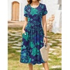 Zeagoo Womens Summer Dresses Casual Aline Midi Dress Short Sleeve Floral Tshirt Dress Flowy Beach Sundresses with Pockets(Green Floral Dark Blue)