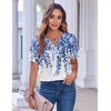 Zeagoo Womens Summer Tops Casual Short Sleeve V Neck T Shirts Dressy Blouse(Leaf White Blue)