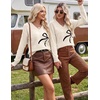 Zeagoo Womens Sweaters Fall Casual Long Sleeve V Neck Shirts Lightweight Crochet Ribbed Knit Pullover Tops Outfits(Bow)