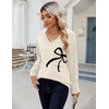 Zeagoo Womens Sweaters Fall Casual Long Sleeve V Neck Shirts Lightweight Crochet Ribbed Knit Pullover Tops Outfits(Bow)