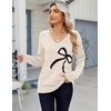 Zeagoo Womens Sweaters Fall Casual Long Sleeve V Neck Shirts Lightweight Crochet Ribbed Knit Pullover Tops Outfits(Bow)