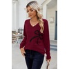 Zeagoo Womens Sweaters Fall Casual Long Sleeve V Neck Shirts Lightweight Crochet Ribbed Knit Pullover Tops Outfits(Bow-wine Red)