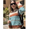 Zeagoo Womens Sweaters Fall Casual Long Sleeve V Neck Shirts Lightweight Crochet Ribbed Knit Pullover Tops Outfits(Lake Blue Colorblock)