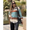 Zeagoo Womens Sweaters Fall Casual Long Sleeve V Neck Shirts Lightweight Crochet Ribbed Knit Pullover Tops Outfits(Lake Blue Colorblock)