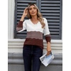 Zeagoo Womens Sweaters Fall Casual Long Sleeve V Neck Shirts Lightweight Crochet Ribbed Knit Pullover Tops Outfits(Tan Colorblock)