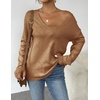 Zeagoo Womens Sweaters Fall Trendy Casual Long Sleeve Shirt Lightweight V Neck Off Shoulder Crochet Pullover Top Outfit(B-brown)