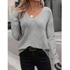 Zeagoo Womens Sweaters Fall Trendy Casual Long Sleeve Shirt Lightweight V Neck Off Shoulder Crochet Pullover Top Outfit(B-gray)