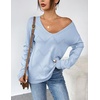 Zeagoo Womens Sweaters Fall Trendy Casual Long Sleeve Shirt Lightweight V Neck Off Shoulder Crochet Pullover Top Outfit(B-light Blue)