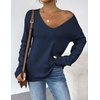 Zeagoo Womens Sweaters Fall Trendy Casual Long Sleeve Shirt Lightweight V Neck Off Shoulder Crochet Pullover Top Outfit(B-navy Blue)