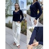 Zeagoo Womens Sweaters Fall Trendy Casual Long Sleeve Shirt Lightweight V Neck Off Shoulder Crochet Pullover Top Outfit(B-navy Blue)