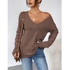 Zeagoo Womens Sweaters Fall Trendy Casual Long Sleeve Shirt Lightweight V Neck Off Shoulder Crochet Pullover Top Outfit(B-nutmeg)