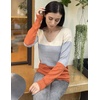 Zeagoo Womens Sweaters Fall Trendy Casual Long Sleeve Shirt Lightweight V Neck Off Shoulder Crochet Pullover Top Outfit(C-colorblock Apricot)