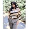 Zeagoo Womens Sweaters Fall Trendy Casual Long Sleeve Shirt Lightweight V Neck Off Shoulder Crochet Pullover Top Outfit(F-apricot Sriped)