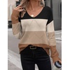 Zeagoo Womens Sweaters Fall Trendy Casual Long Sleeve Shirt Lightweight V Neck Off Shoulder Crochet Pullover Top Outfit(F-brown Colorblock)