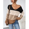 Zeagoo Womens Sweaters Fall Trendy Casual Long Sleeve Shirt Lightweight V Neck Off Shoulder Crochet Pullover Top Outfit(F-brown Colorblock)