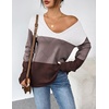Zeagoo Womens Sweaters Fall Trendy Casual Long Sleeve Shirt Lightweight V Neck Off Shoulder Crochet Pullover Top Outfit(F-tan Colorblock)