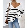 Zeagoo Womens Sweaters Fall Trendy Casual Long Sleeve Shirt Lightweight V Neck Off Shoulder Crochet Pullover Top Outfit(White Stripe)