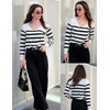 Zeagoo Womens Sweaters Fall Trendy Casual Long Sleeve Shirt Lightweight V Neck Off Shoulder Crochet Pullover Top Outfit(White Stripe)