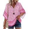 Zeagoo Womens Tops 3/4 Sleeve V Neck Bohemian Blouses Casual Tunic(Pink Floral Mz744)