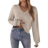 Zeagoo Women V-Neck Cropped Sweater Fall Long Sleeve Knit Pullover Tops(Light Khaki)