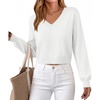 Zeagoo Women V-Neck Cropped Sweater Fall Long Sleeve Knit Pullover Tops(White)