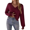 Zeagoo Women V-Neck Cropped Sweater Fall Long Sleeve Knit Pullover Tops(Wine Red)