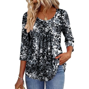 Zeagoo 3/4 Sleeve Tops for Women Crew Neck Blouses Pleated Casual Shirts Fall Work Clothes 2026(Black White 2)