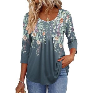 Zeagoo 3/4 Sleeve Tops for Women Crew Neck Blouses Pleated Casual Shirts Fall Work Clothes 2026(Floral Blue)
