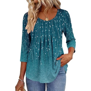 Zeagoo 3/4 Sleeve Tops for Women Crew Neck Blouses Pleated Casual Shirts Fall Work Clothes 2026(Leaf Blue)