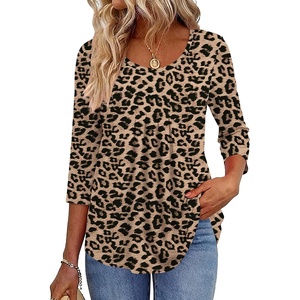 Zeagoo 3/4 Sleeve Tops for Women Crew Neck Blouses Pleated Casual Shirts Fall Work Clothes 2026(Leopard An284)