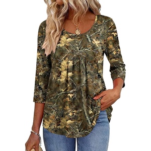 Zeagoo 3/4 Sleeve Tops for Women Crew Neck Blouses Pleated Casual Shirts Fall Work Clothes 2026(Multi 3)