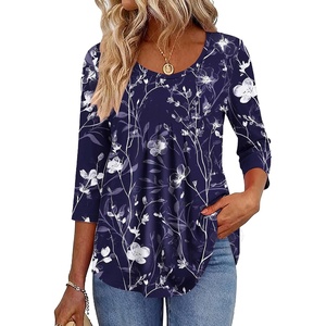 Zeagoo 3/4 Sleeve Tops for Women Crew Neck Blouses Pleated Casual Shirts Fall Work Clothes 2026(Navy White Floral)