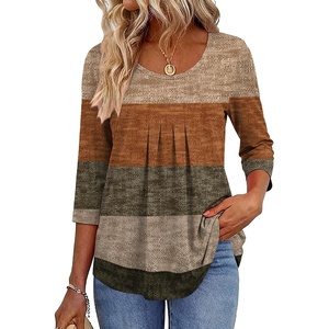 Zeagoo 3/4 Sleeve Tops for Women Crew Neck Blouses Pleated Casual Shirts Fall Work Clothes 2026(Stripe Brown)