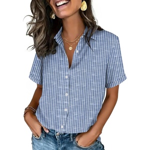 Zeagoo Button Down Shirts for Women Short Sleeve Tops Dressy Casual Blouses(Tz273- Blue Stripe)