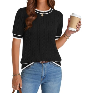 Zeagoo Cable Short Sleeve Sweaters for Women Summer Spring Cute Tops 2026 Trendy Business Causal Outfits Work Blouses Clothes(Black White Stripe)