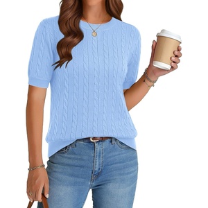 Zeagoo Cable Short Sleeve Sweaters for Women Summer Spring Cute Tops 2026 Trendy Business Causal Outfits Work Blouses Clothes(Blue)
