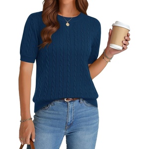 Zeagoo Cable Short Sleeve Sweaters for Women Summer Spring Cute Tops 2026 Trendy Business Causal Outfits Work Blouses Clothes(Dark Blue)