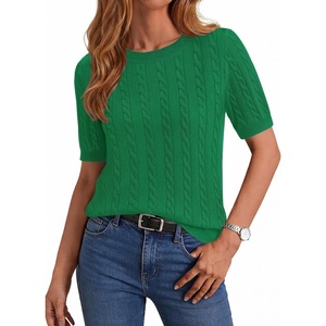 Zeagoo Cable Short Sleeve Sweaters for Women Summer Spring Cute Tops 2026 Trendy Business Causal Outfits Work Blouses Clothes(Green)