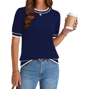 Zeagoo Cable Short Sleeve Sweaters for Women Summer Spring Cute Tops 2026 Trendy Business Causal Outfits Work Blouses Clothes(Navy Blue White Stripe)