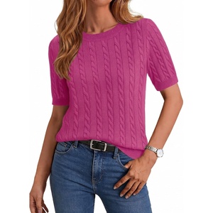 Zeagoo Cable Short Sleeve Sweaters for Women Summer Spring Cute Tops 2026 Trendy Business Causal Outfits Work Blouses Clothes(Rose Red)