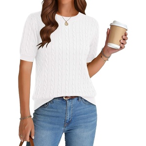 Zeagoo Cable Short Sleeve Sweaters for Women Summer Spring Cute Tops 2026 Trendy Business Causal Outfits Work Blouses Clothes(White)