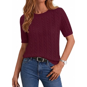 Zeagoo Cable Short Sleeve Sweaters for Women Summer Spring Cute Tops 2026 Trendy Business Causal Outfits Work Blouses Clothes(Wine Red)