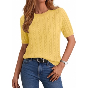 Zeagoo Cable Short Sleeve Sweaters for Women Summer Spring Cute Tops 2026 Trendy Business Causal Outfits Work Blouses Clothes(Yellow)