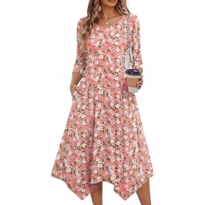 Zeagoo Midi Dresses Women 2026 Dress 3/4 Sleeve Casual Dresses with Pockets A Line Summer Beach Sundress(Pink Floral)