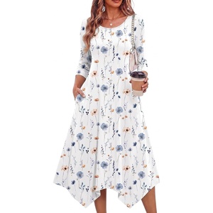 Zeagoo Midi Dresses Women 2026 Dress 3/4 Sleeve Casual Dresses with Pockets A Line Summer Beach Sundress(White Blue)